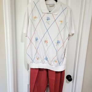 Alfred Dunner Floral Patterned Shirt Multicolor Accents Matching Rust Pants